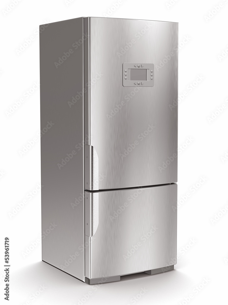 Metallic refrigerator on white isolated background. Metallic refrigerator on white isolated background.