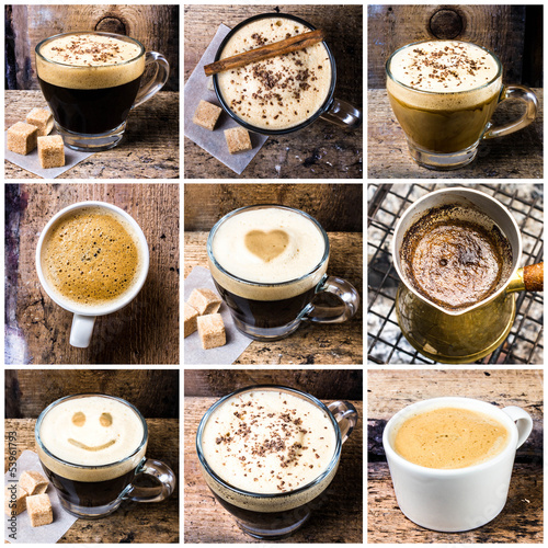 Kolaż kawy z kawowym espresso, cappuccino, latte i mokką