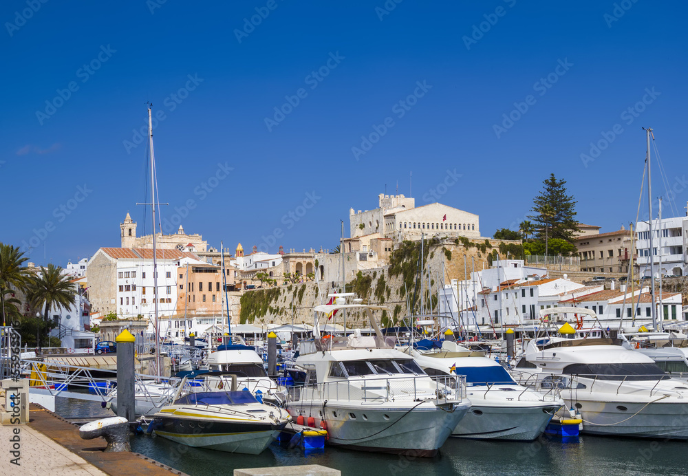 Old Ciutadella town harbour in sunny day, Menorca