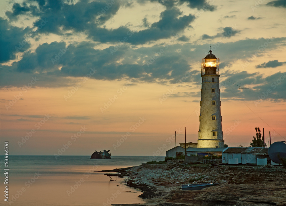 Old lighthouse on sea coast, Tarkhankut, Crimea, Ukraine
