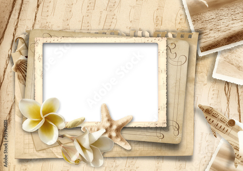 Vintage background with photo-frames and seashells