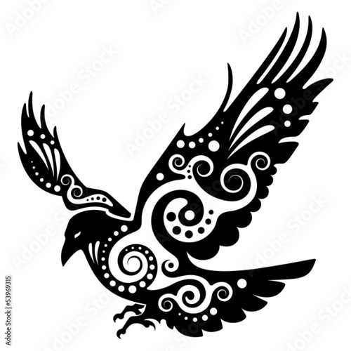 Raven, drawn in ethnic decorative style.