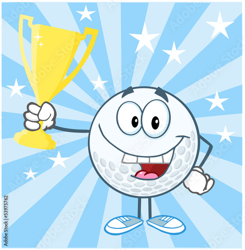 Happy Golf Ball Cartoon Character Holding Prize Trophy Cup