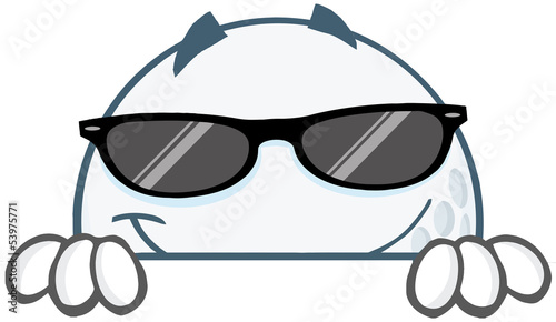 Golf Ball Character With Sunglasses Hiding  Behind A Sign