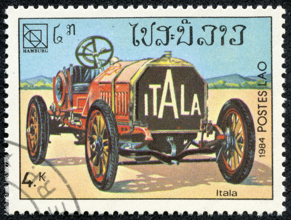 stamp printed in Laos showing vintage car, Itala