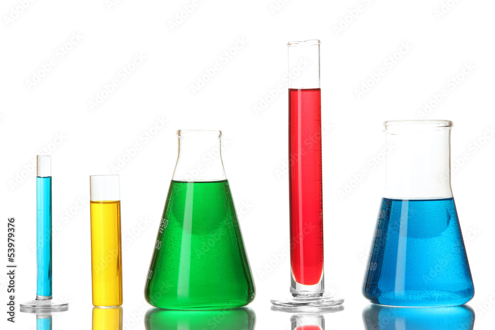 Test tubes with colorful liquids isolated on white Test tubes with colorful liquids isolated on white