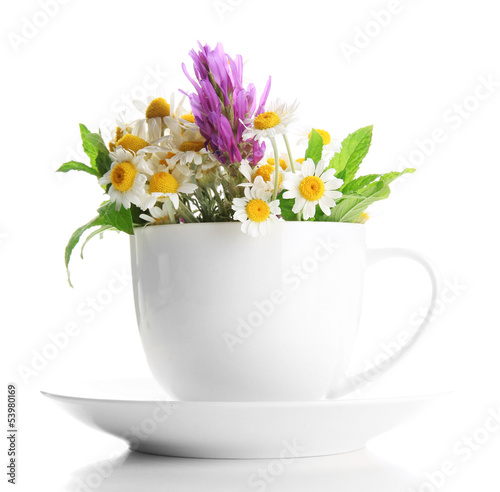 Beautiful wild flowers and mint in cup, isolated on white