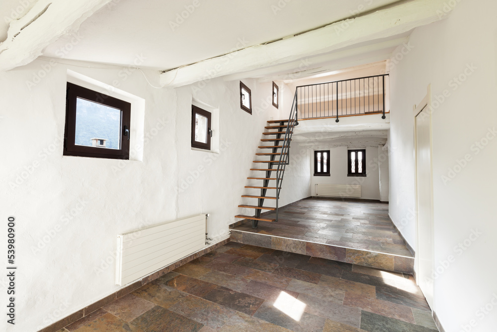Fototapeta premium interior rustic house, large room with staircase
