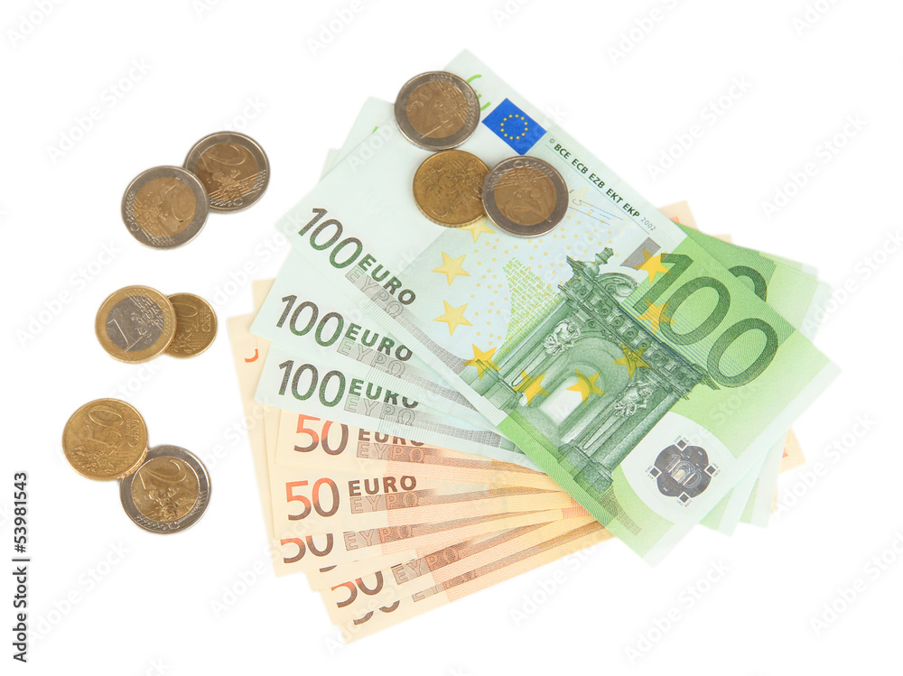 Euro banknotes and euro cents isolated on white Euro banknotes and euro cents isolated on white