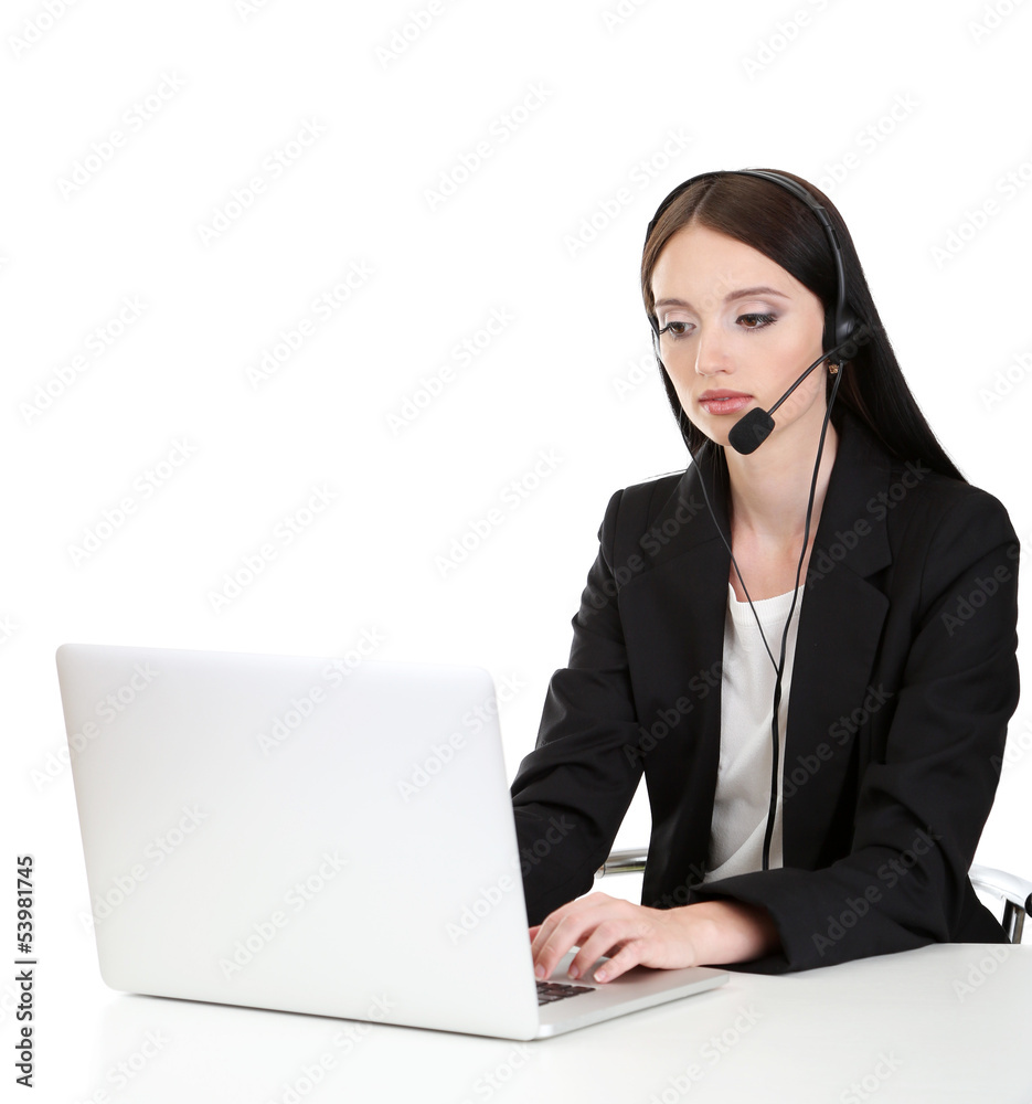 Call center operator at work, isolated on white Call center operator at work, isolated on white