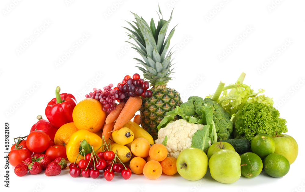 Assortment of fresh fruits and vegetables, isolated on white Assortment of fresh fruits and vegetables, isolated on white