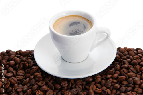 Cup of coffee with coffee beans  isolated on white