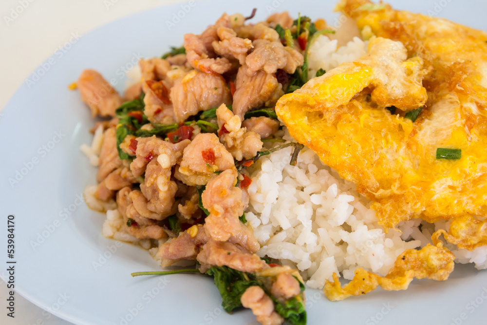 Basil Pork fried rice with omelette Basil Pork fried rice with omelette