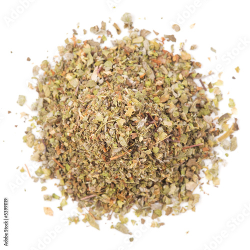 Dried marjoram on a white background - top view