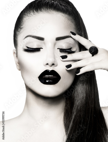 Black and White Brunette Girl Portrait. Trendy Caviar Manicure #53991736