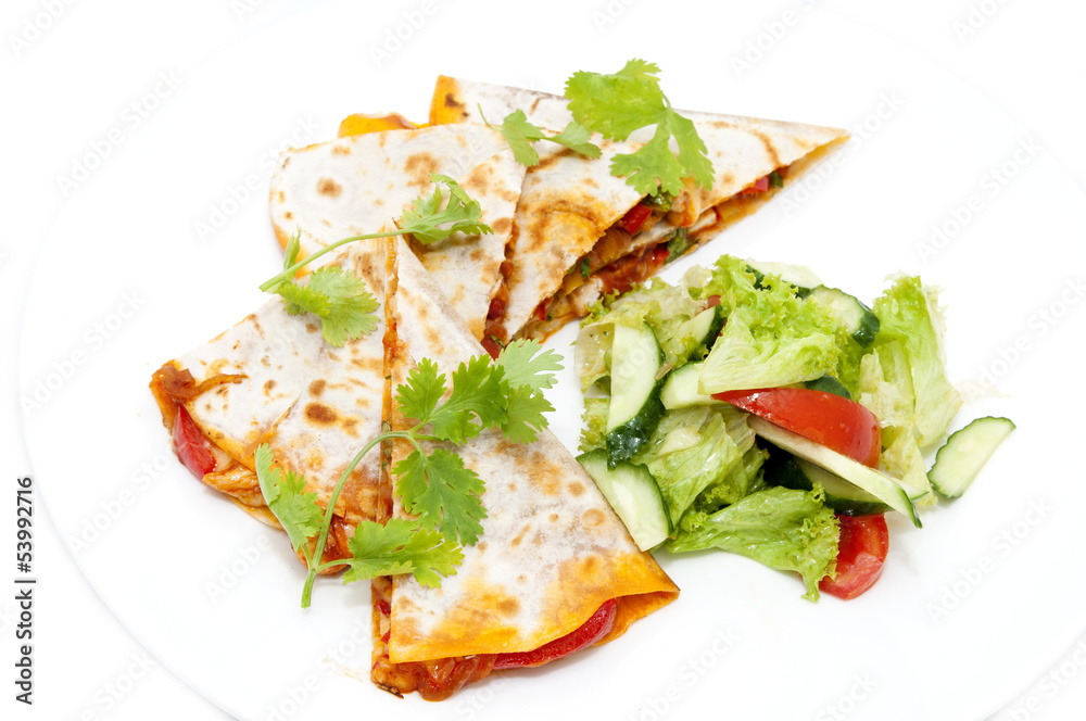 Mexican food dishes at the restaurant on a white background