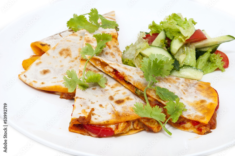 Mexican food dishes at the restaurant on a white background