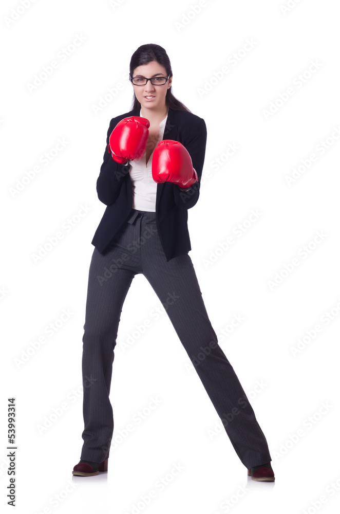 Businesswoman in boxing concept on white Businesswoman in boxing concept on white