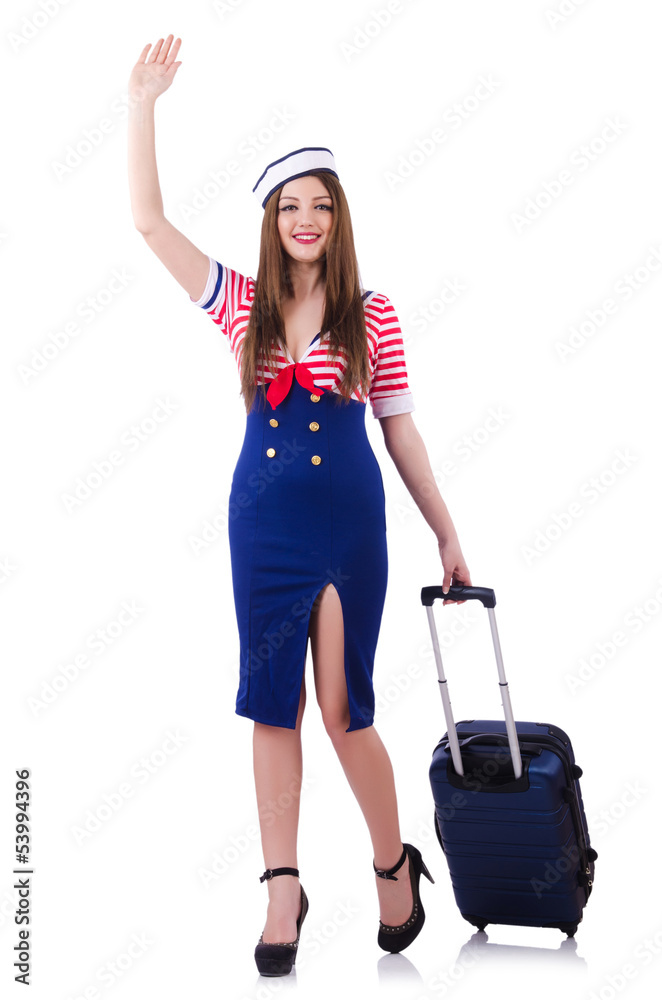 Woman travel attendant with suitcase on white Woman travel attendant with suitcase on white