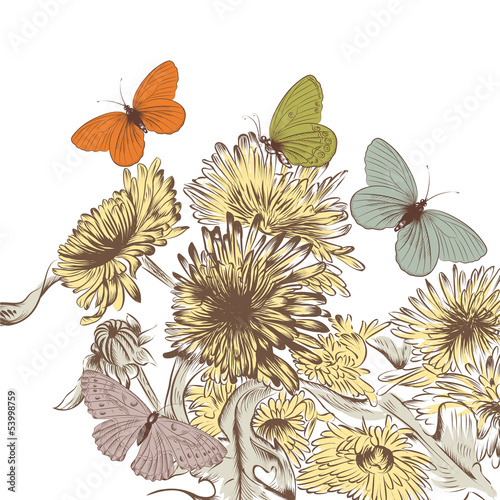 Hand drawn vector background with dandelion flowers and butterf
