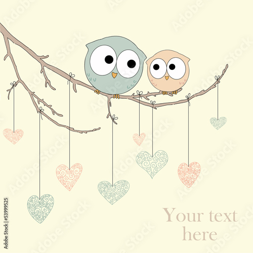 Greeting card with cute owls in love