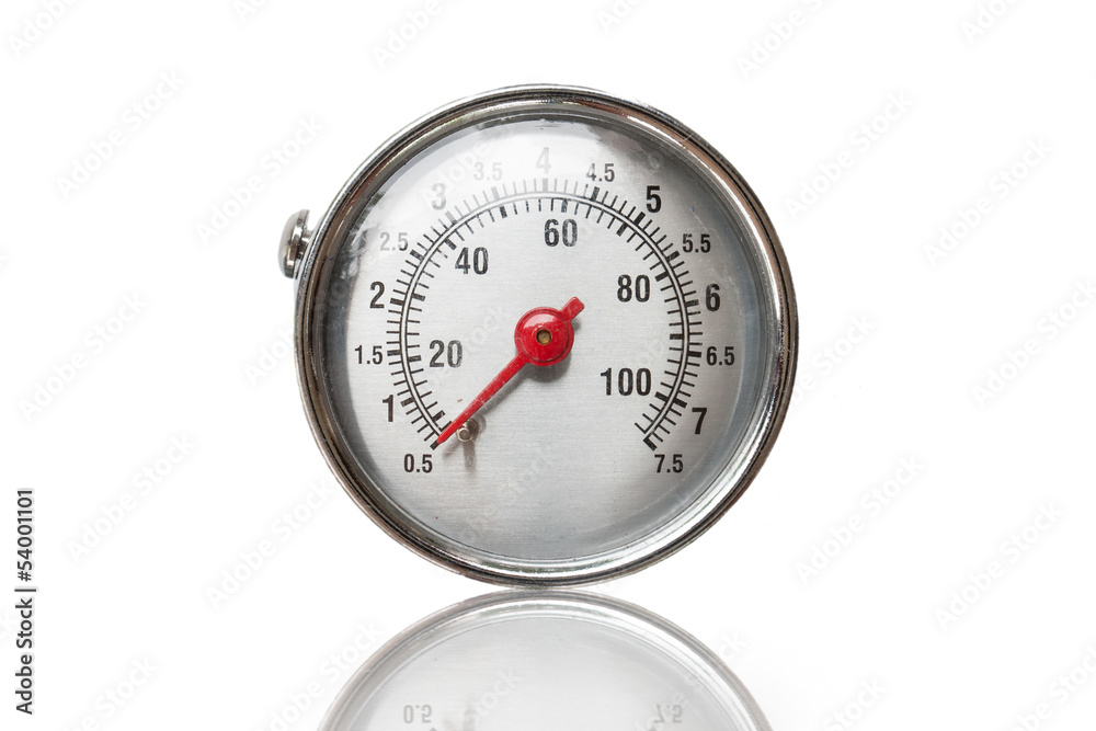 Closeup of a pressure meter on white background Closeup of a pressure meter on white background