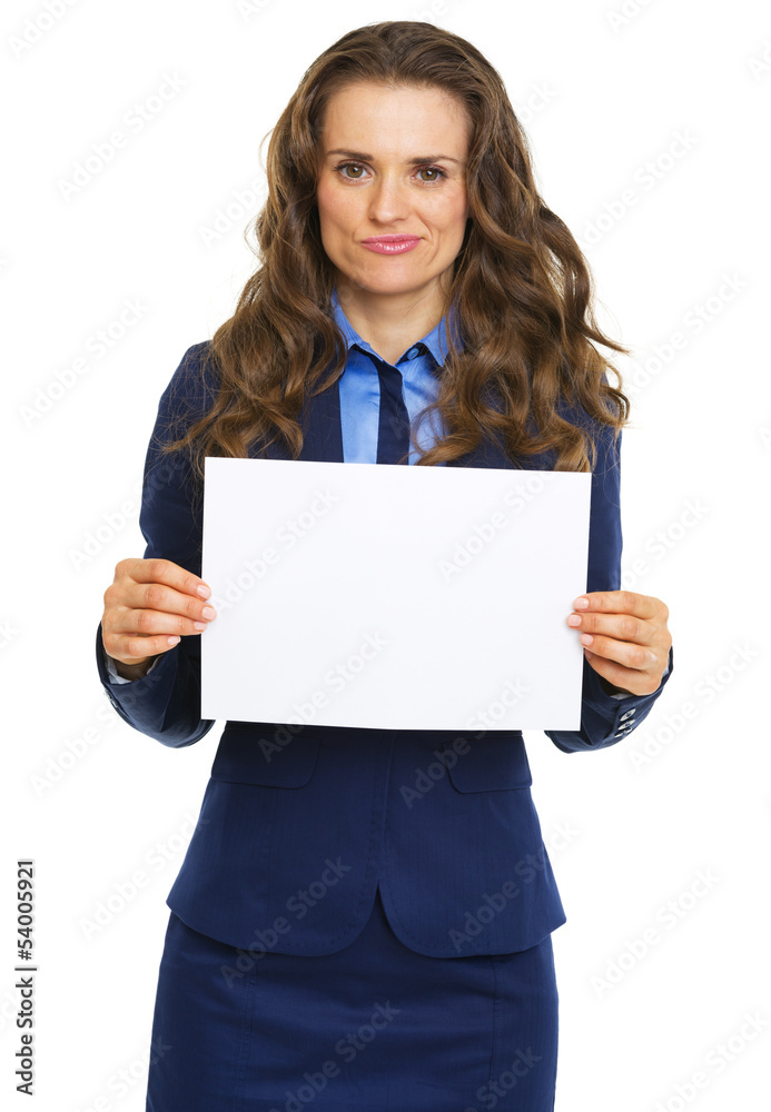 Frustrated business woman showing blank paper sheet Frustrated business woman showing blank paper sheet