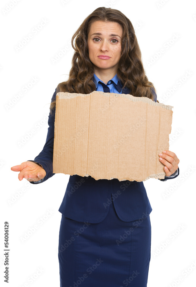 Frustrated business woman with hand outstretched for alms Frustrated business woman with hand outstretched for alms