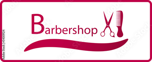 red symbol of barbershop with comb and scissors silhouette