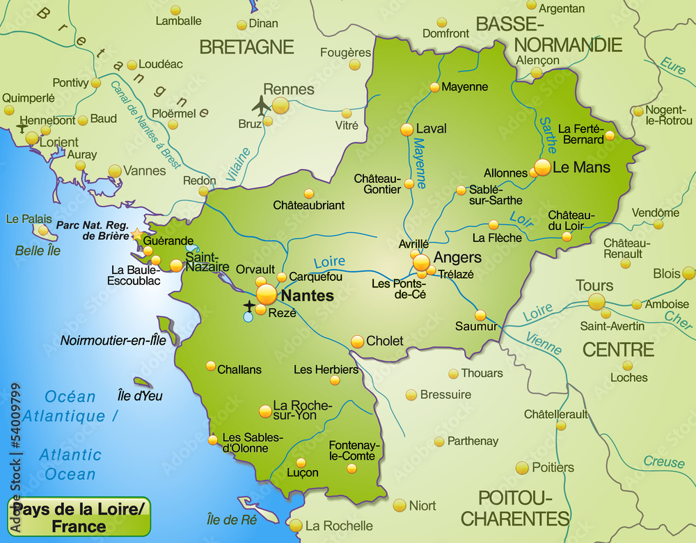 Karte der Region Payd-de-la-Loire mit Umland