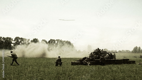 German attack on Soviet in world war two reconstruction. Vintage photo