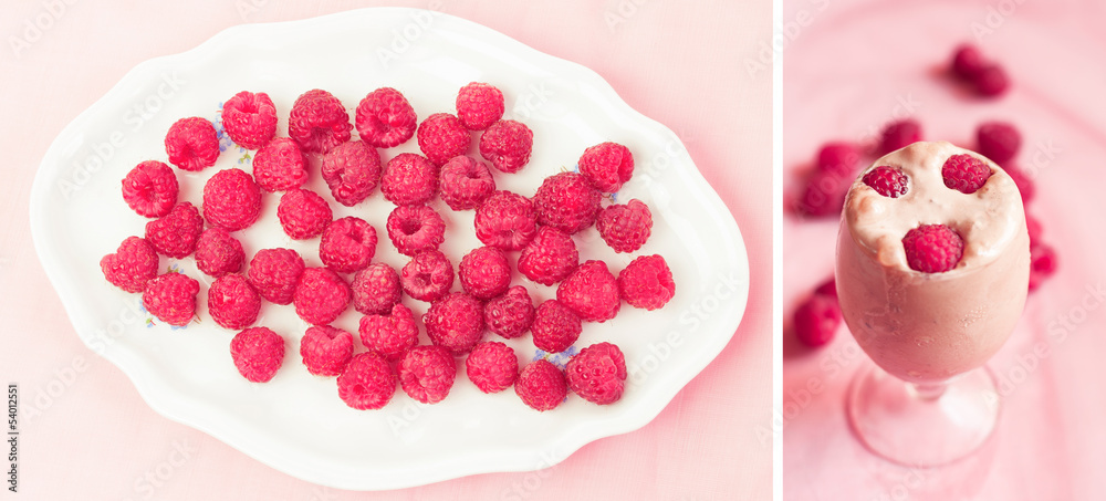 Naklejka premium Raspberries in a plate and raspberries on icecream