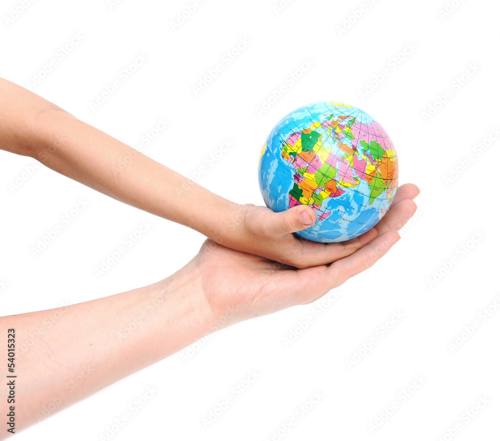 mom and child handing a globe white background mom and child handing a globe white background