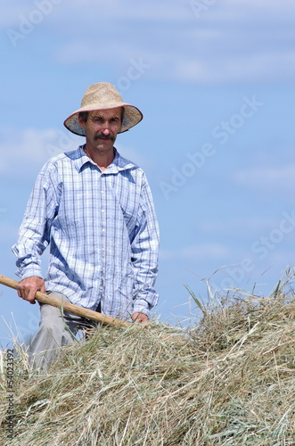 Rolnik pracujący przy sianie na tle nieba