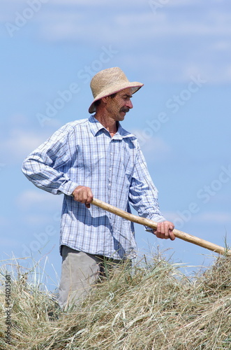 Rolnik pracujący przy sianie na tle nieba