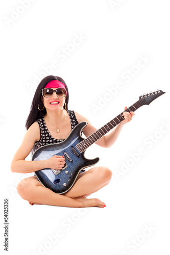 Woman With Electric Guitar Isolated On White