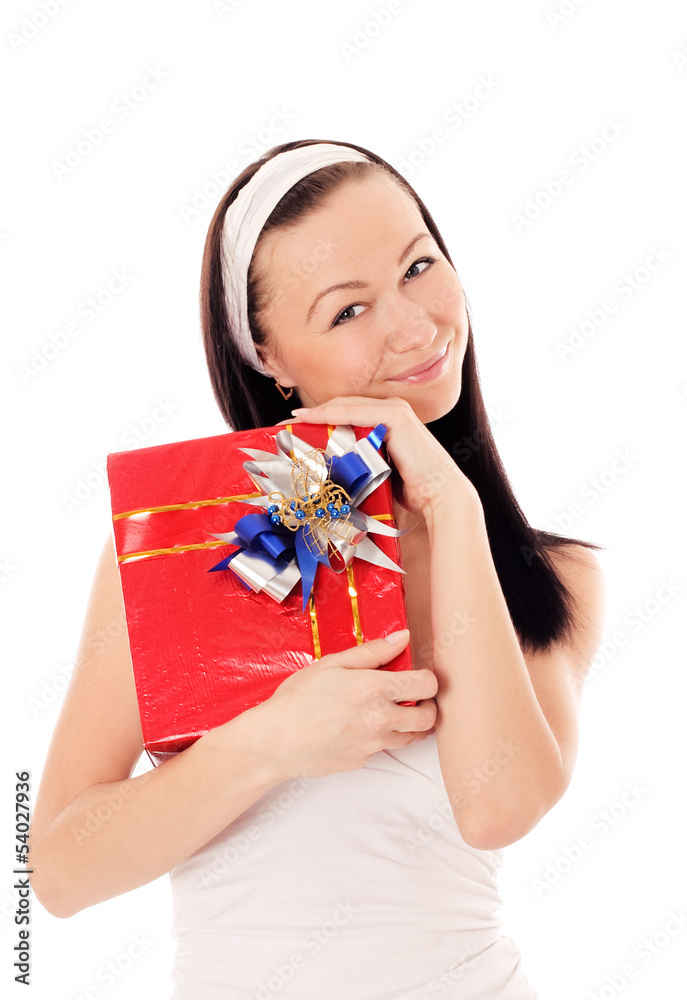 Happy woman holding a gift box. Happy woman holding a gift box.