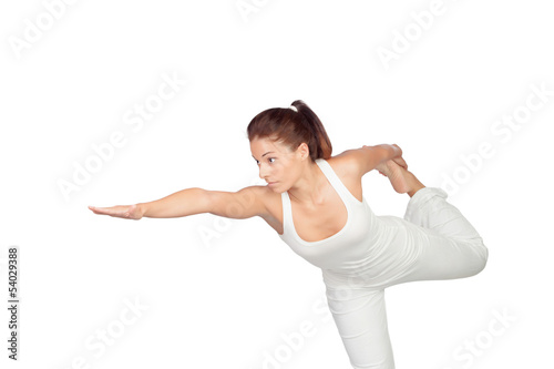 Woman in white doing stretching