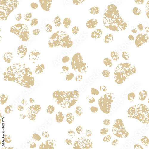 Cat or dog brown paw prints on white seamless pattern, vector