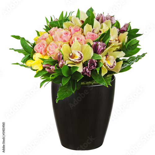 Floral bouquet of roses, lilies and orchids arrangement centerpi photo