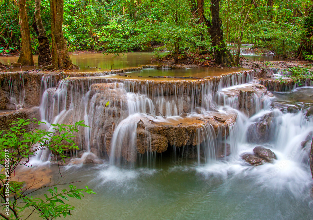 Waterfall in deep rain forest jungle (Huay Mae Kamin Waterfall