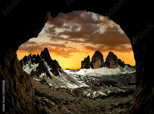 Tre cime di Lavaredo with Paternkofel  at sunset,  Italy photo