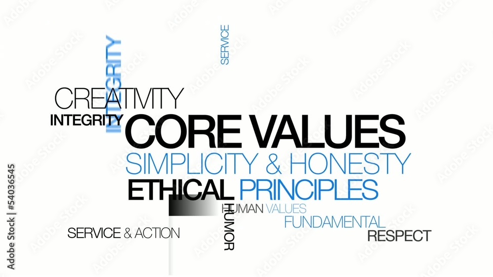 Core values ethical principles word tag cloud animation
