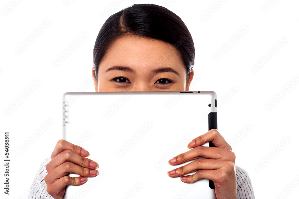 Fototapeta premium Shy corporate lady hiding her face
