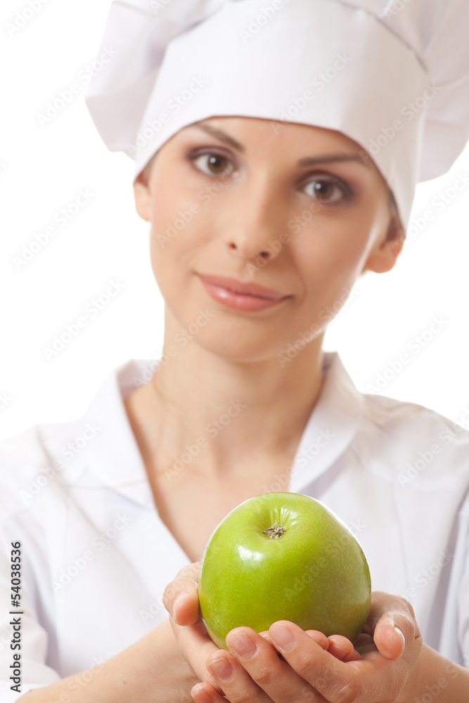 Smiling woman cook with apple, isoladed on white background Smiling woman cook with apple, isoladed on white background