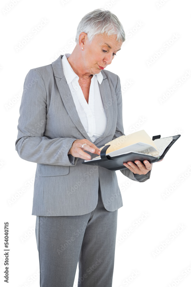 Businesswoman reading her diary Businesswoman reading her diary