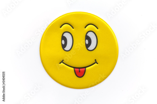 Bright, yellow sticker with a smiley face