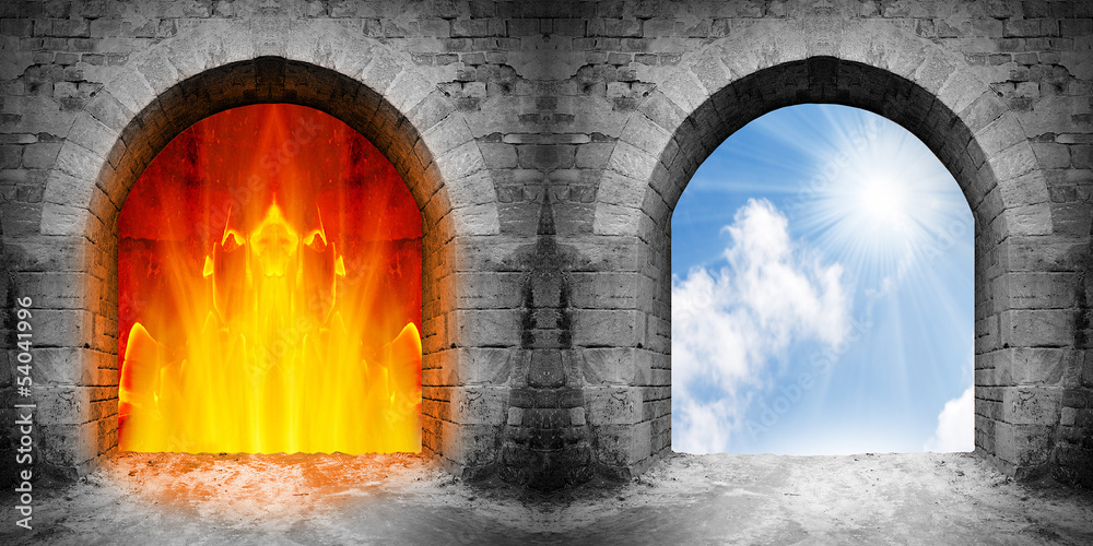 Fototapeta premium Two ancient gates to heaven and hell. Choice concept.