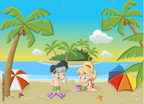 Couple of happy cartoon children playing on tropical beach