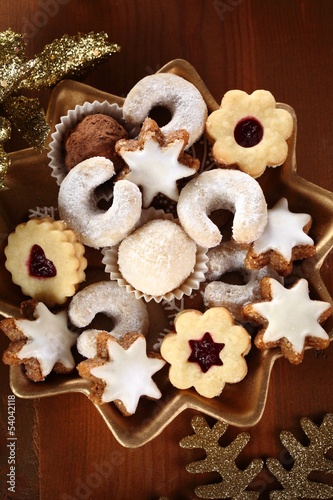 Close-up of various Christmas cookies.